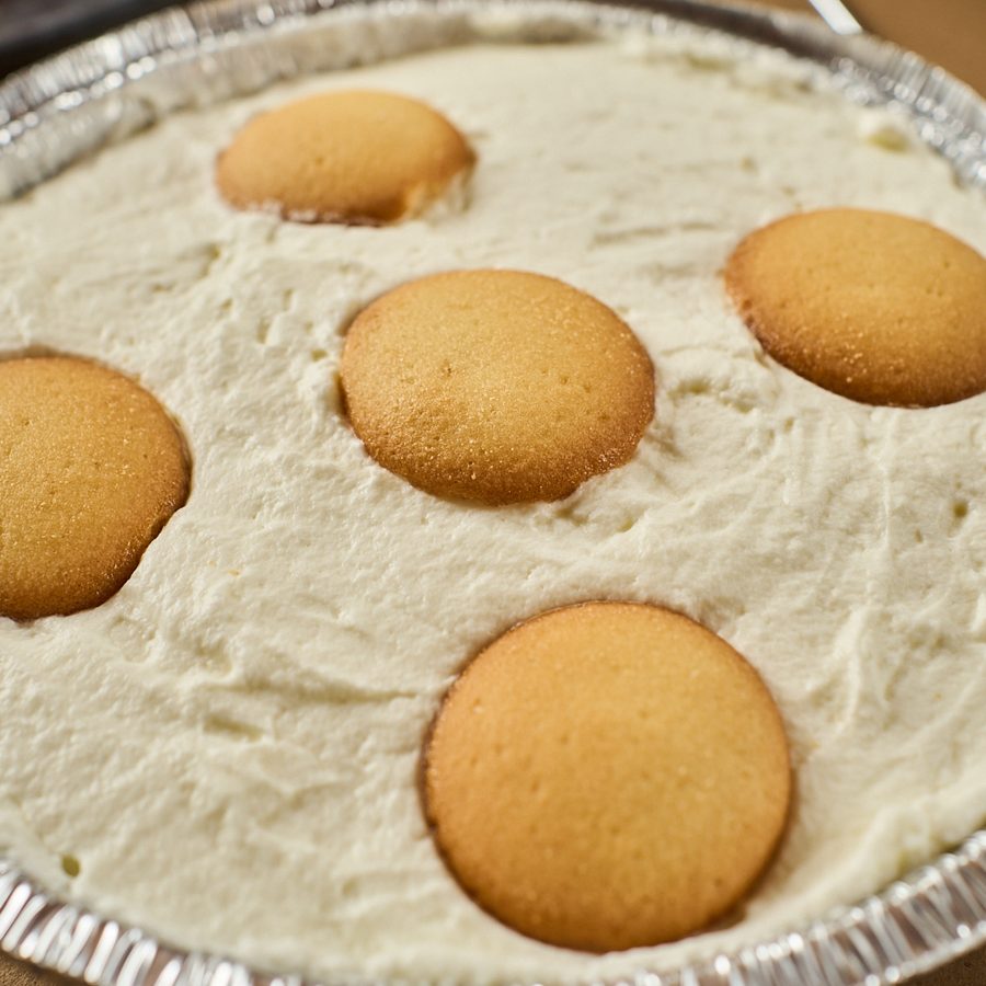 Banana pudding topped with vanilla wafers